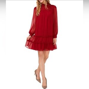 CeCe Long Balloon Sleeve Smocked Mock Neck Ruffle Tiered Swing Dress Size L,